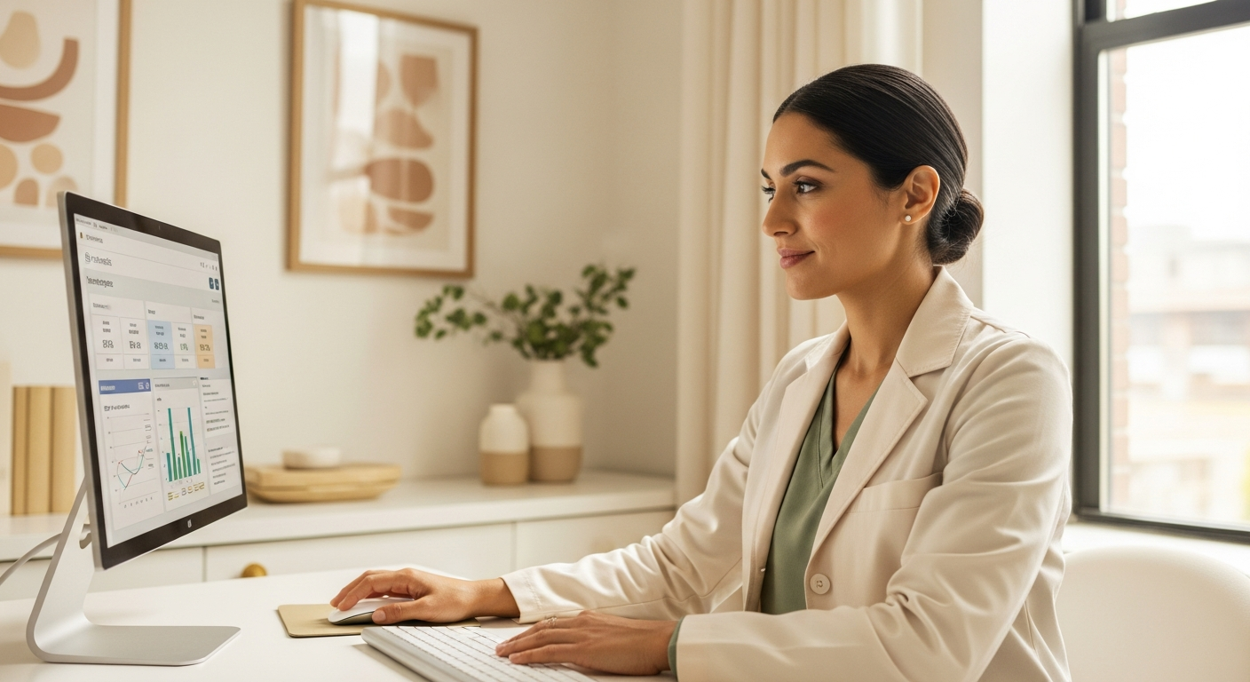 A physician calmly reviewing patient results — work already done.