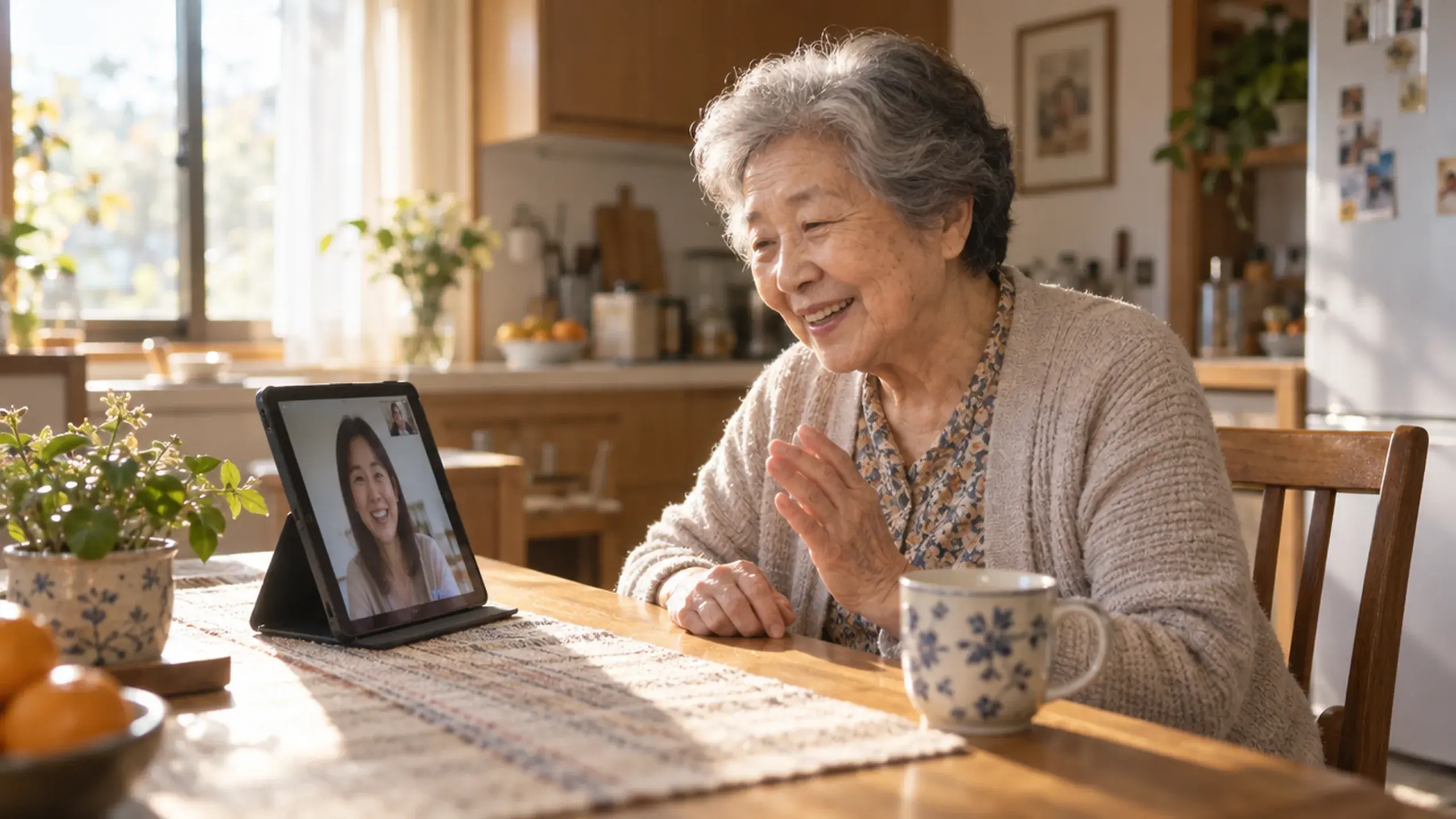 An older woman at her kitchen table smiling at Gia on a video call
