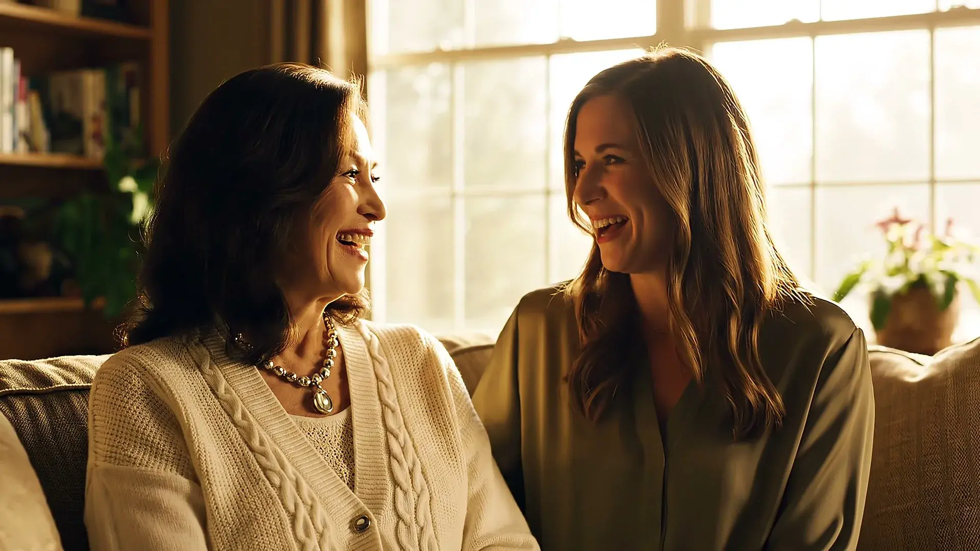 A mother and her adult daughter laughing together on a sofa in warm afternoon light