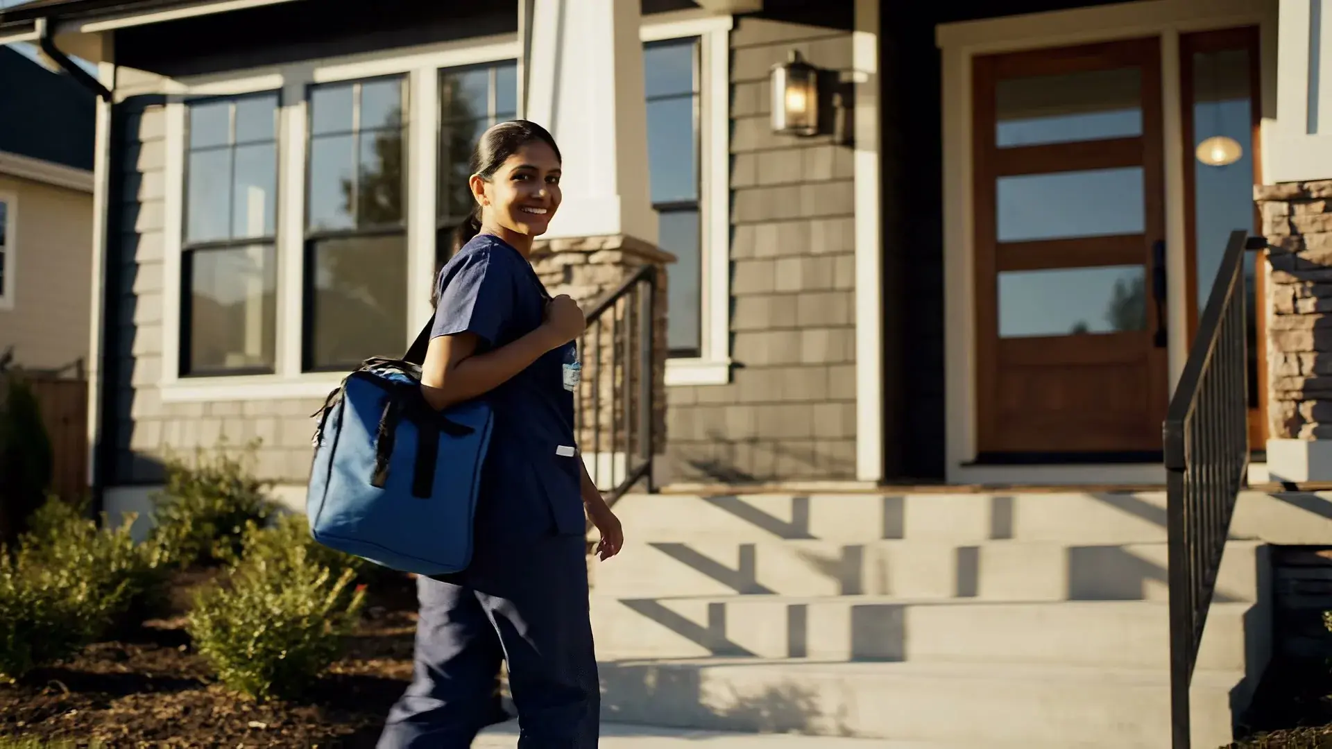 A home-health nurse arriving at a patient's front steps