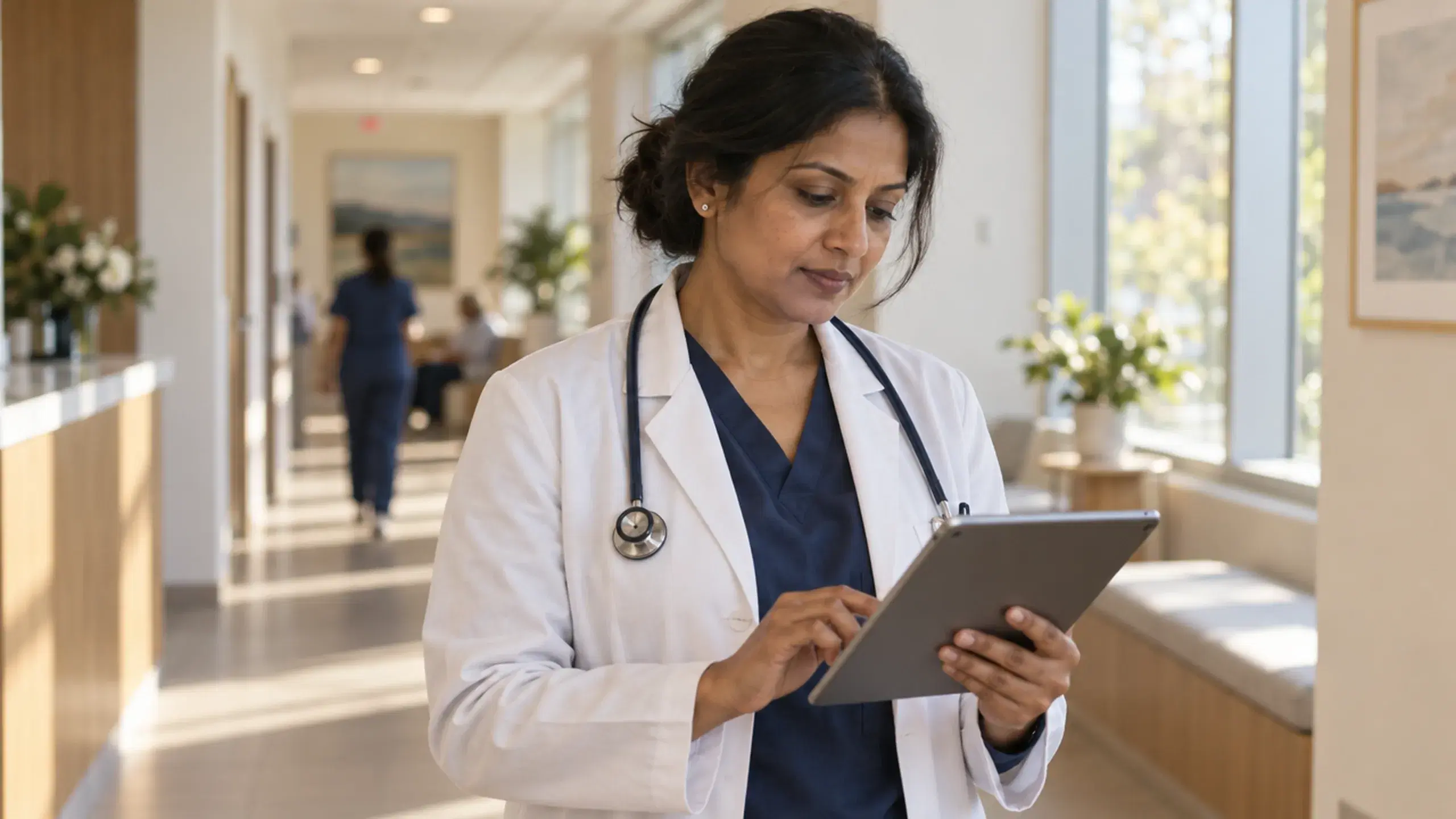A physician in a clinic hallway reviewing the morning worklist on a tablet