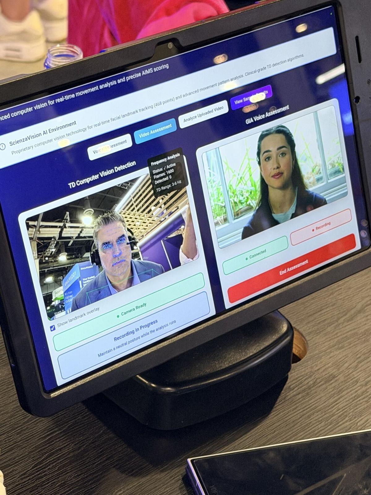 GIA® live at Samsung booth — split screen showing TD Computer Vision Detection and GIA® Voice Assessment running simultaneously on Samsung Health Grade hardware