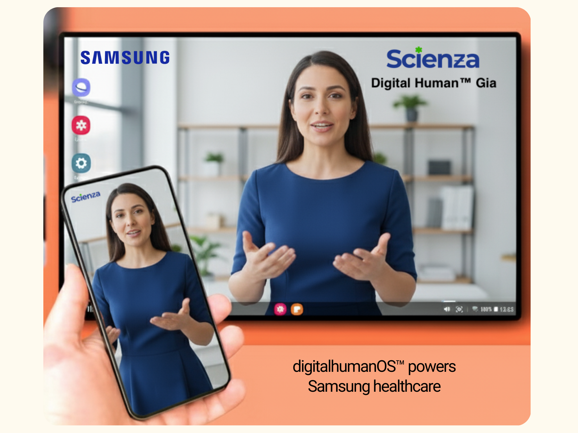 GIA® running on Samsung DeX monitor and Galaxy phone — digitalhumanOS™ powering clinical screening on real devices