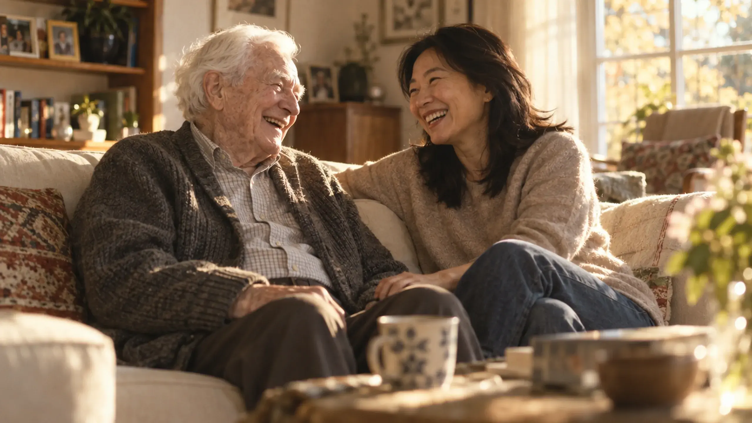 A father and his adult daughter laughing together on the sofa