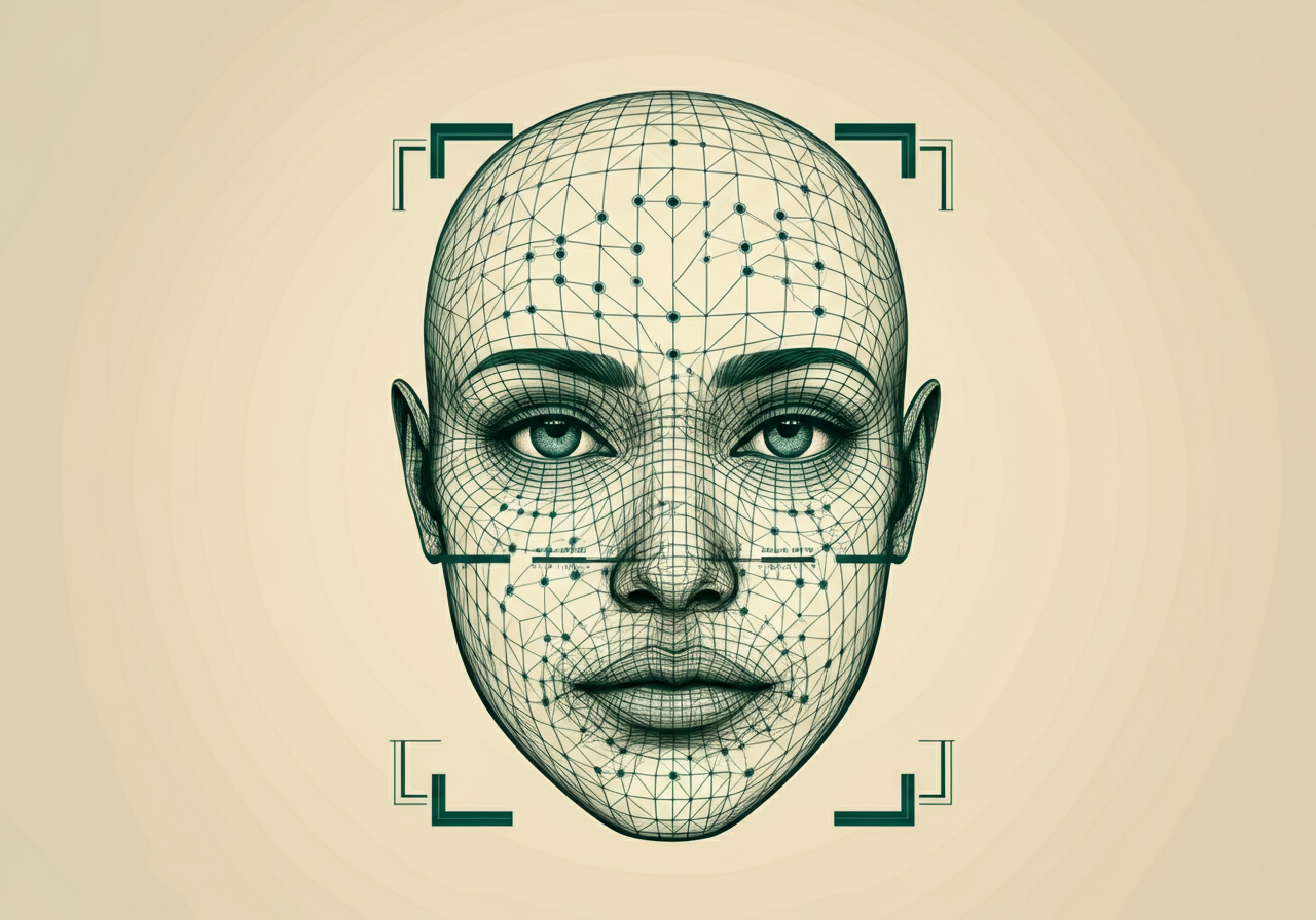 Computer vision clinical analysis grid — geometric patterns representing facial micro-expression tracking
