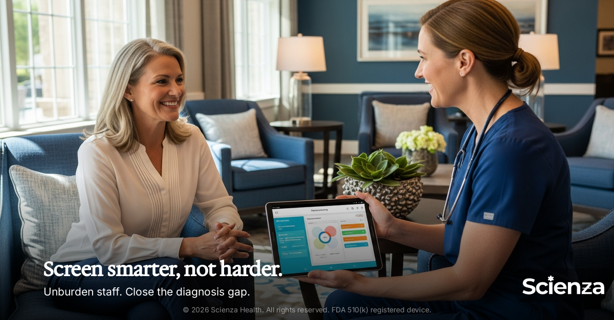 Facility administrator at desk reviewing clinical performance data and five-star rating metrics