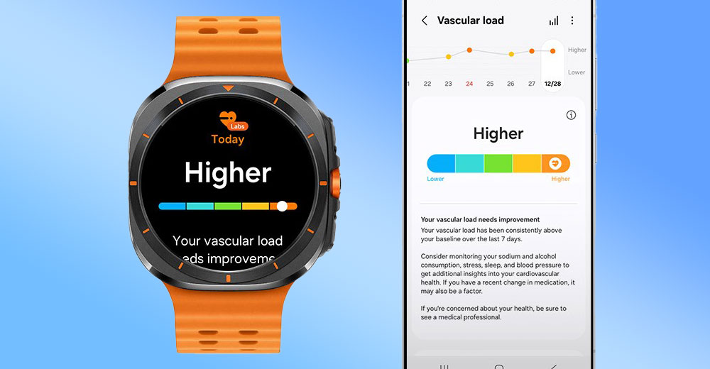 Samsung Galaxy Watch showing vascular load monitoring interface for cognitive health screening